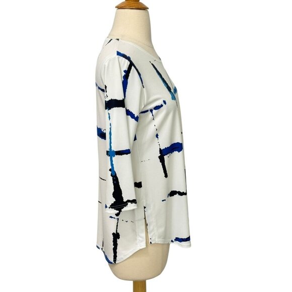 Sympli White Tunic Top Blue Artsy Print Slinky Knit Jersey Stretch Artsy Size 6 - Picture 3 of 8